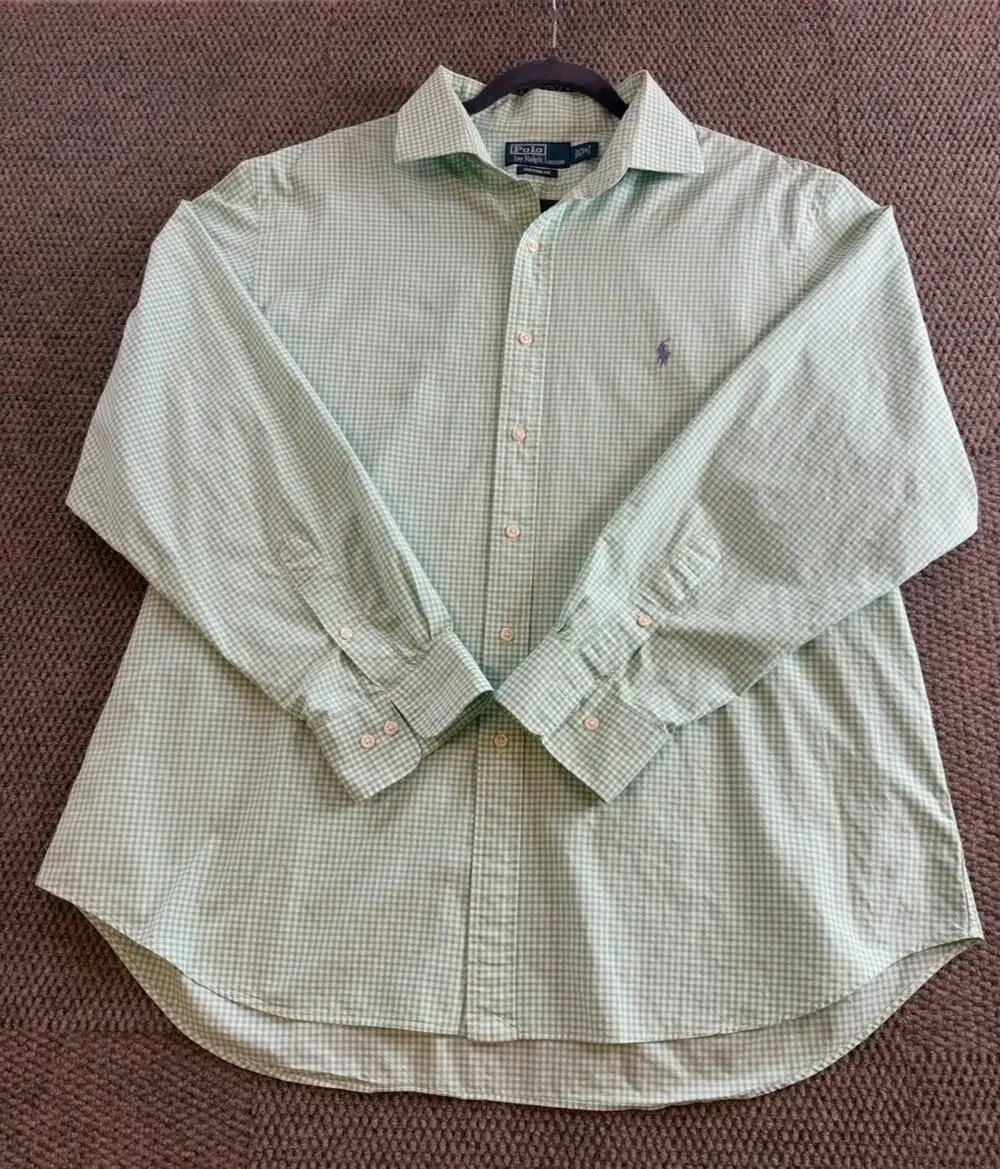 Polo Ralph Lauren Mens Custom Fit Green Gingham Shirt XL 18 34/35 Cotton